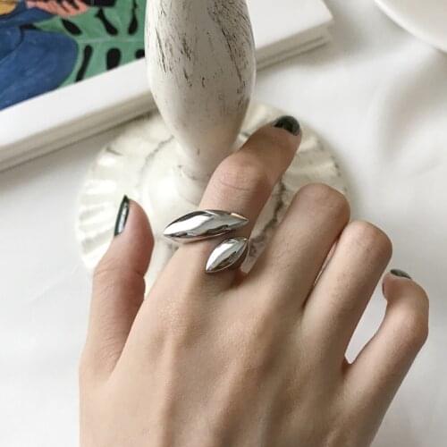 S925 Geometric Surface Smooth Simple Leaf Ring Big Punk Open Ring White Gold Color in 925 Sterling Silver Jewelry