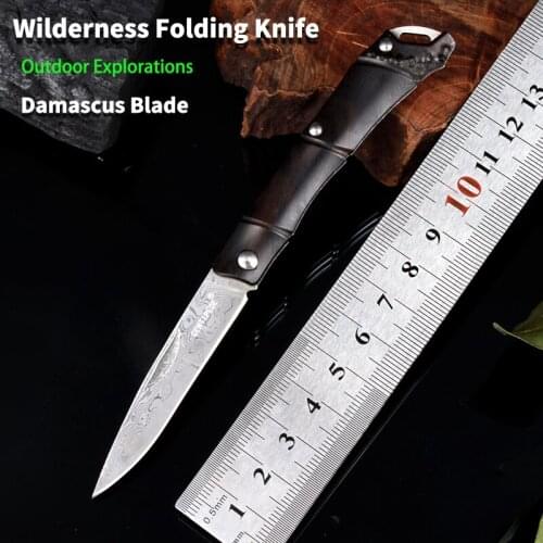 CENTIPEDE Wilderness Folding Knife Hunting Camping Tactical Knives High Hardness Damascus Blade Wood Handle Outdoor Pocket Knife