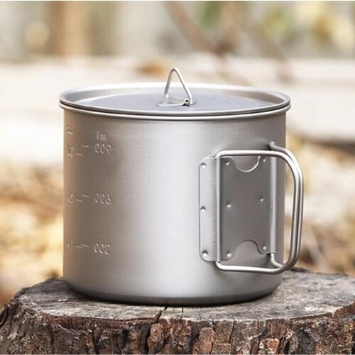 Tiartisan 1100ml Outdoor Titanium Mug Pot Water Cup Tableware Outdoor Camping Cooking Pot Picnic Hang Pot with Lid Handle