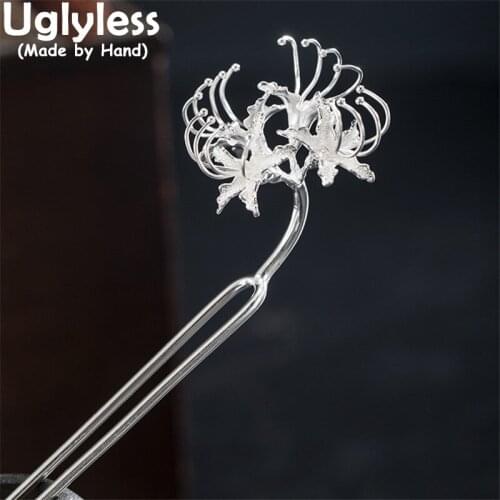 Uglyless Like Fireworks Blooming Flower Hair Sticks for Women Real 925 Silver Exotic Hair Forks Glossy Silver China Chic Jewelry
