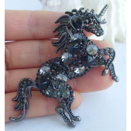 Unique Animal Unicorn Horse Brooch Pin Pendant Black Gray Rhinestone Crystal EE06172C7