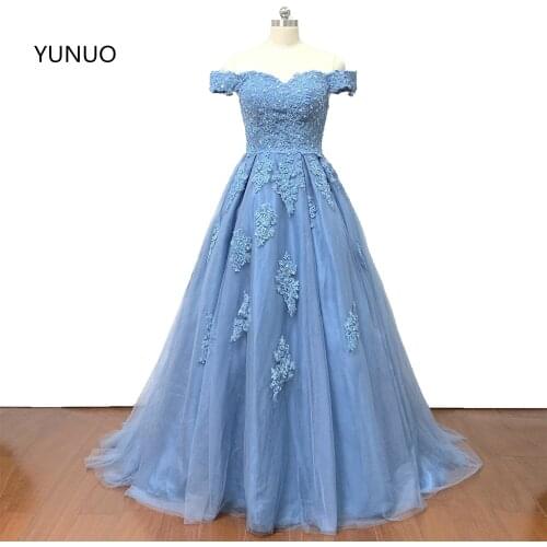YUNUO Off the Shoulder Dusty Blue Lace Tulle Long Prom Dresses Appliques A-line Evening Gowns Vestidos Zipper Womens Party