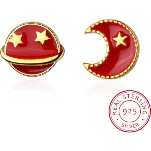 Korean Style Temperament Simple And Lovely 925 Sterling Silver Jewelry Moon And Star Red Planet Female Earrings Se463