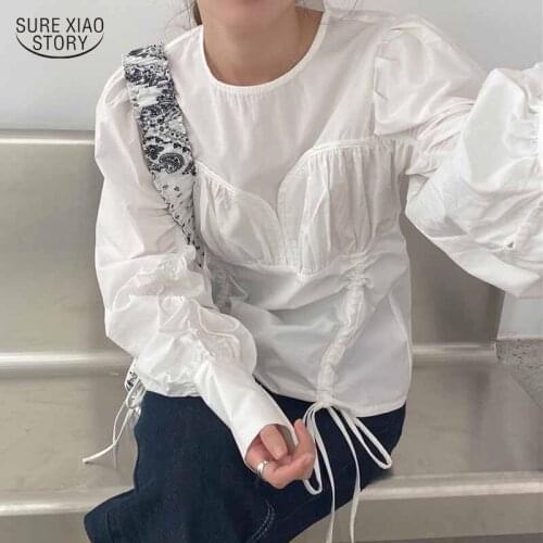 New O-neck Women Top Loose Pleated Stitching Drawstring White Shirt Korean Fashion Lantern Long Sleeve Blouse Women Blusas 16496