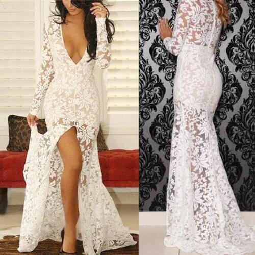 Beautiful Sexy Beige Mermaid Floor Length Long Sleeves Lace Deep V neck Formal Prom Dresses Gowns with High Slit