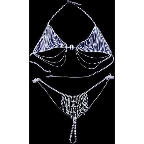 Women Luxury Bikini Body Chain Bling Rhinestone Crystal Tassel Chain Sexy Bra and Thong Set Underwear Body Jewelry Accessories