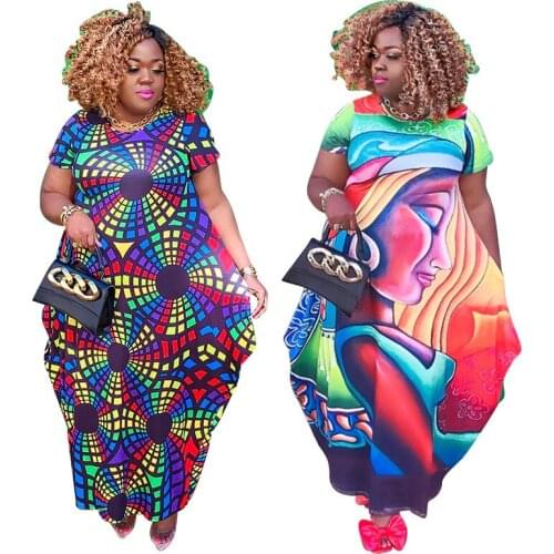 Bating Irregular Printing Large Size Loose Woman Dress Plus Size Dresses O- Neck Short Long One Piece Outfit Drop Shipping