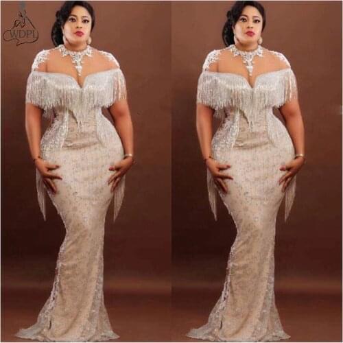 2020 Couture Nigeria Mermaid Evening Dresses Sheer Neck Lace Tassels Prom Gown Plus Size Formal Dress Zipper Back Robe de soiree