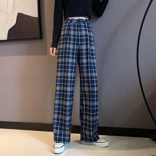 2021summer Simple Vintage Plaid Causal Long Women Pants Street Fashion Straight Wide Leg Pant