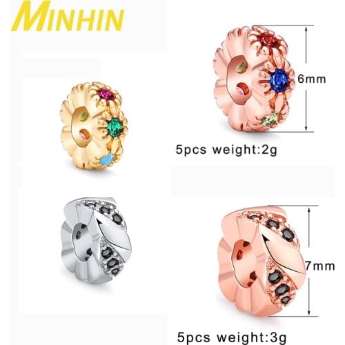 MINHIN 5Pcs 6/7mm High Quality Zircon Round Beads Big Hole Flower Charm Pendant Beads for Jewelry Bracelets Making DIY