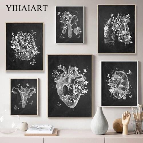 Human Body Anatomy Canvas Wall Print Black White Brain Heart Organ Poster Retro Abstract Art Painting Medical Decoration Picture