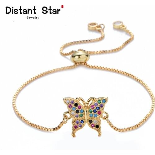 Charm Womens gold rainbow butterfly bracelets&bangles jewelry colorful cz zircon snake chain adjustable chain bracelet