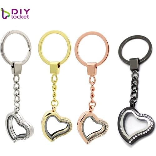 Diylocket 30mm Magnetic Heart Locket Keychains Glass Floating Charm Locket Keychain Fashion Crystal Zinc Alloy LSFK05