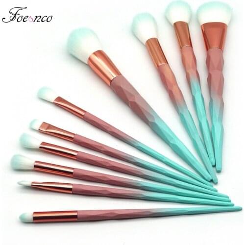 FOEONCO 10 pcs Unicorn diamond Makeup Brushes Set Green Macarons color Facial Foundation Cosmetic Makeup Brush Kit