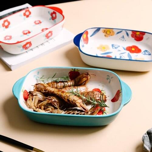 Ceramic Binaural Handle Cheese Risotto Plate Baking Dish Microwave Western Food Bowl Oven Special Baked Kitchen Tableware