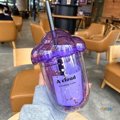 Korean Lovely Ice Cup with Straw Double Layer Double Cover Summer Cold Drink Cup Girl Heart Student Casual Cup
