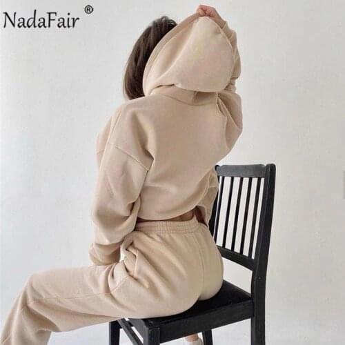 Nadafair Hooded Sweatshirt Suit Joggers Women Set Casual Solid Sport 2Piece Outfits Autumn Winter Fleece 2020 Tracksuit Woman