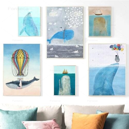 Cute Cartoon Dolphin Picture Home Decor Nordic Canvas Art Poster Wall Art Print Whale Shark Fish Painting for Kids Bedroom