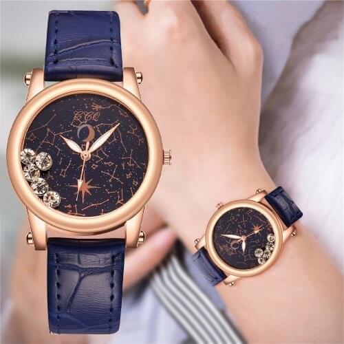 Fashion Constellation Dial Women Quartz Watch Casual Ladies Rhinestone Leather Strap Wristwatch Clock Zegarek Damski