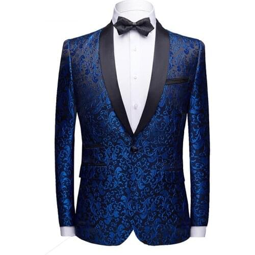 Men Tuxedo Jacket Slim Fit Fashion Casual Blazer Shawl Lapel Floral Jacquard Stage Costume Wedding Groom Party Prom Banquet Ball
