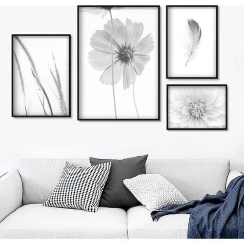 Daisy Grass Feather Wall Art Canvas Painting Landscape Nordic Posters And Prints Black White Wall pictures For Living Room Decor