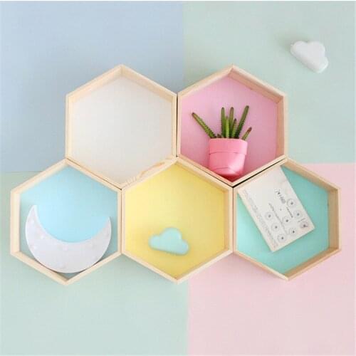 New Wood Hexagon Wall Decoration Baby Room/bedroom Candy Organization Hanger Photography Props Shelves Storage Decor Polygon Box