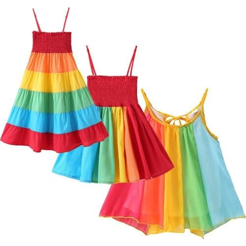 2-7Y Toddler Kids Baby Gir Off Shoulder Rainbow Striped Boho Dress One Pieces Summer Clothes