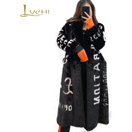 LVCHI Winter 2019 Import Real Mink Coat Womens Long Sleeve Coat Turn-Down Collar Print Letter Contrast Color X-Long Mink Coats