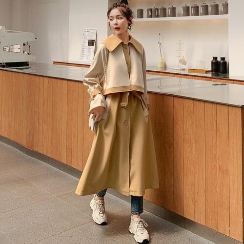 Womens Trench Coat Long Color Matching Fake Two-Piece 2021 Spring Autumn Single-Breasted Korean Loose Fashion Windbreaker CK8