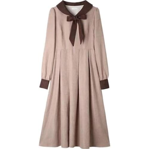 Dress Women Bow Solid High Waist Turn-down Collar Preppy Style Kawaii Popular Temperament 2021 spring and autumn long sleeve