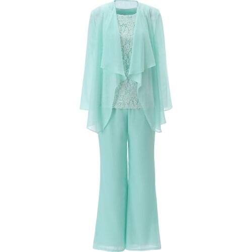 Mother of the Bride Dresses Elegant Grey Lace Chiffon Long Sleeves 2021 Pantsuit 3 Pieces Plus Size Wedding Party Guest Gown