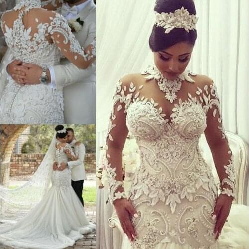 Hot Arabic Mermaid Wedding Dresses High Neck Long Sleeves 3D Floral Appliques Lace Tiered Skirts Bridal Gowns