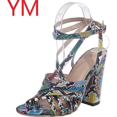 Women Summer Sandals Snakeskin Cross Square Heel Open Toe Leather Heels Pumps Shoes Female Fashion Gladiator Ankle Strap 2020
