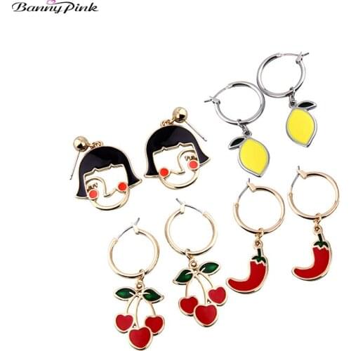 Banny Pink Cute Enamel Fruit Cherry Lemon Chilli Girl Charms Earrings For Women Lovely Fruit Heart Copper Circle Stud Earrings