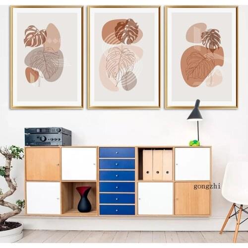Boho Monstera Leaves Nordic Posters Geometric Abstract Line Canvas Painting and Prints Wall Art Pictures for Living Room Decor