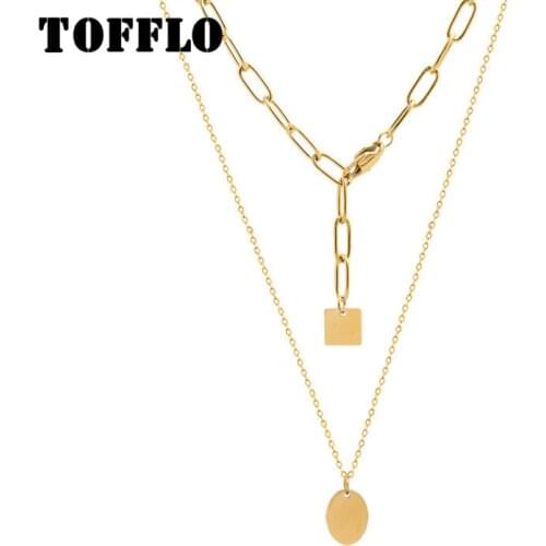 TOFFLO Stainless Steel Jewelry Geometric Square Fringed Oval Pendant Double Layered Necklace Female Cool Clavicle Chain BSP835