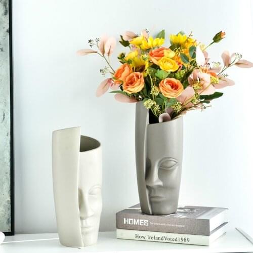 Half Face Vase Ceramic Matte Flower Pot Flower Arrangement Home Decor Table Ornament White Gray Abstract Decorative Plant Jar