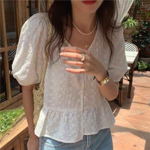 2021 Summer Lace Hollow Out Tops Korean Embroidered V-neck Short Sleeve Shirt Women Single Breasted Clothing Women Tops 15546