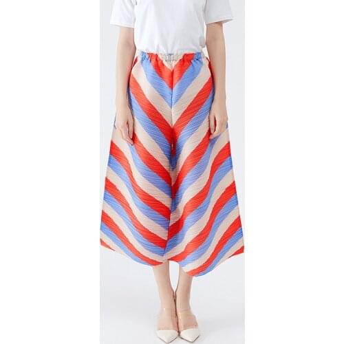Miyake pleated harem pants women 2021 summer red blue striped women high waist casual Rainbow pants