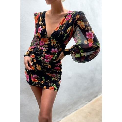 Women Autumn Chiffon Dresses V Neck Lantern Sleeve Print Short Sheath Pencil Mini Dress For Woman Robe Femme Bodycon Vintage Y2K