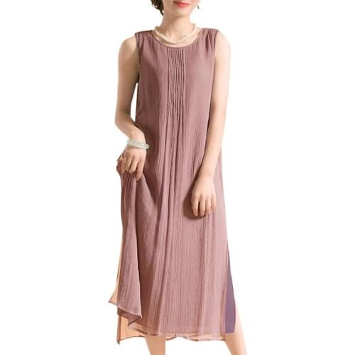 2020 Summer Baggy Dress Vintage Cotton Dress Women Sleeveless Dress Round Neck Lined Side Split Casual Summer Loose Long Dress