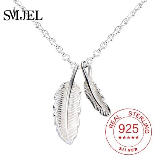 100% 925 Sterling Silver Bohemian Vintage Feather Necklace Statement Silver Jewelry leaf Necklace for Women Collier femme