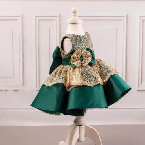 Custom Green Flower Girl Dress With Bow Gold Lace Satin Infant Birthday Party Gown Toddler First Birthday Dresses Photography