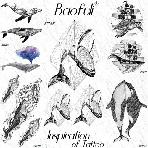 Baofuli Diamond Fish Geometric Small Temporary Tattoo Sticker Whale Ocean Waterproof Tattoos Women Men Body Art Arm Black Tatoo