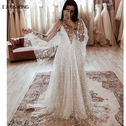 E JUE SHUNG Shinny Tulle Luxury Boho Wedding Dresses Detachable Shawl Spaghetti Straps Summer Bridal Wedding Gowns