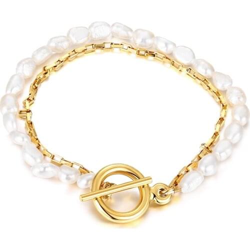 2021 Stainless Steel Box Chain Pearl OT Buckle Double Bracelet and Square Brand Bracelet Suitable leather bracelets for women
