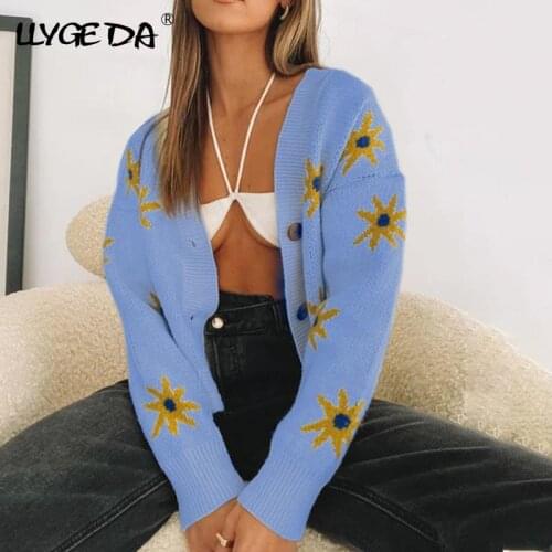 Preppy Style Flower Knit Cardigan For Women Sweater V-Neck Loose Print Short Womens Sweaters 2021 Autumn Casual Sweet Clothing