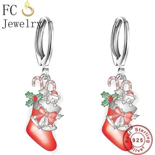 FC Jewelry 925 Silver Red Enamel Christmas Boot Bear Bell Pendant Hoop Earring Accessories Boucles Doreilles For Women Oorbellen