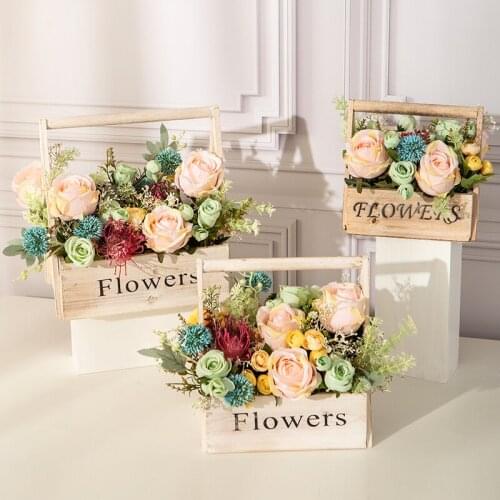 Artificial Flowers in Pastoral Home Decoration Indoor Living Room Flower Decoration Tea Table TV Cabinet Wooden Box Flower