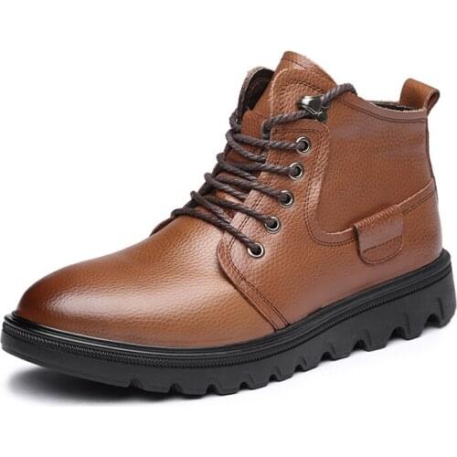 Full Grain Leather Winter Boots Men Plush Snow Boots Durable Outsole Waterproof Outdoor Male Shoes Comfy Ankle Boots